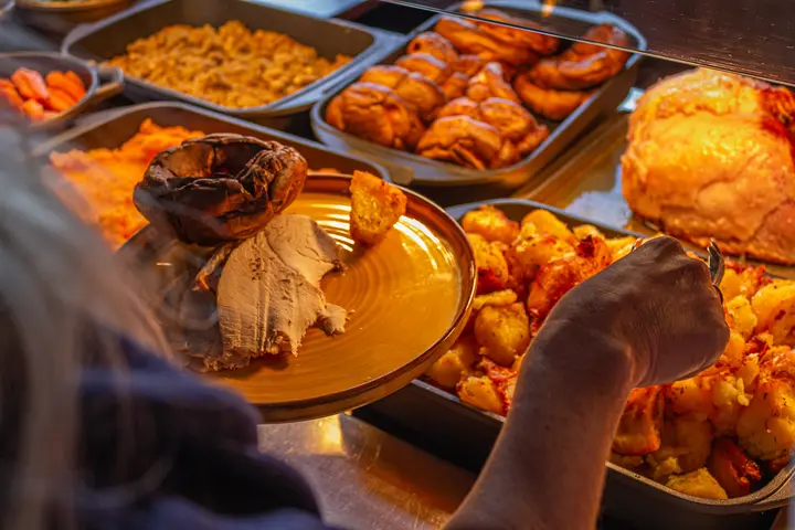 Roast potatoes, vegetables and meats on the carvery at The Little John